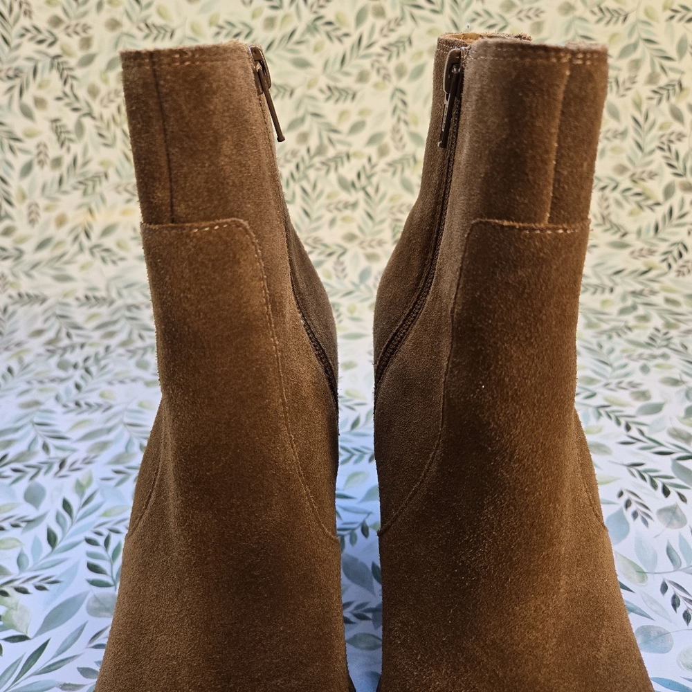 Soludos Emma Chesnut Suede Ankle Booties Tan Leather Block Heel Boots 9 - Picture 3 of 12